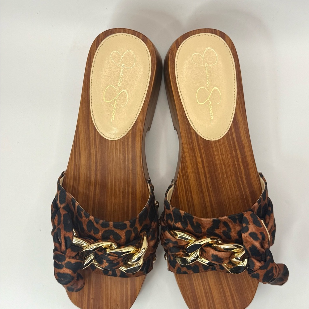 Jessica Simpson Women’s Slides Size 6.5 Cheetah Print Gold Chain Wooden Platform